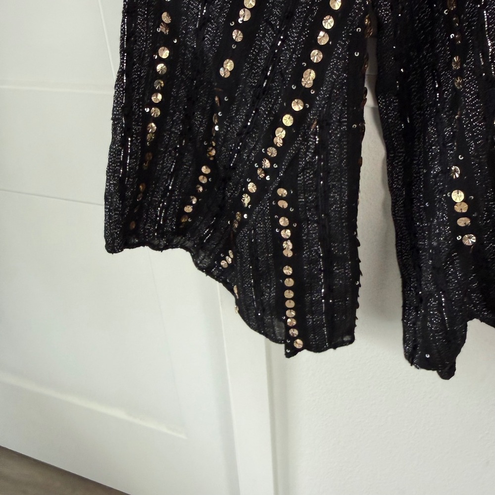 Anthropologie Let Me Be Black Gold Sequin Embellished Lace V Neck Blouse Medium - Picture 9 of 15